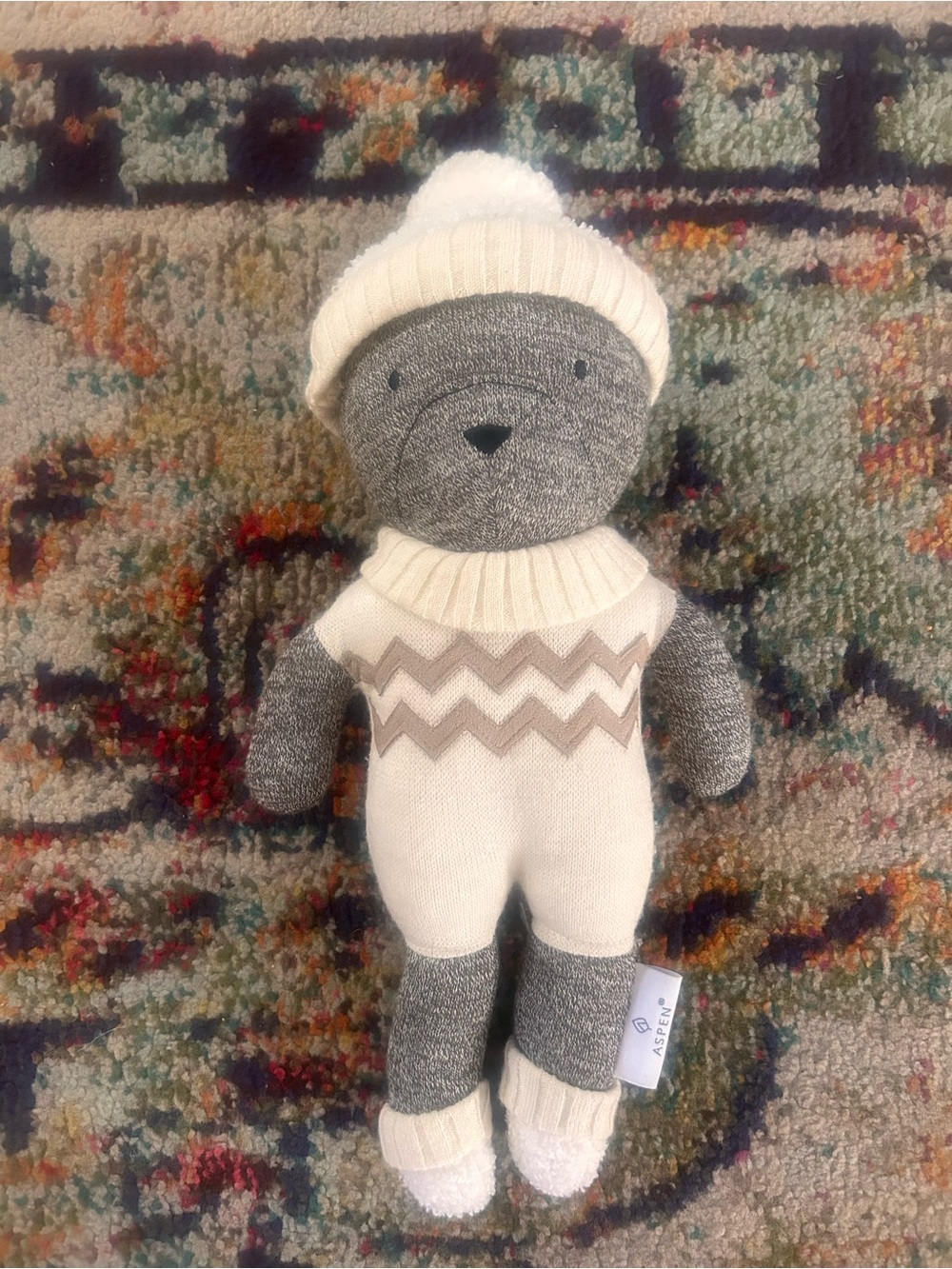 Plush Knit Bear Rattle in Cream and Gray - Kids Accessories